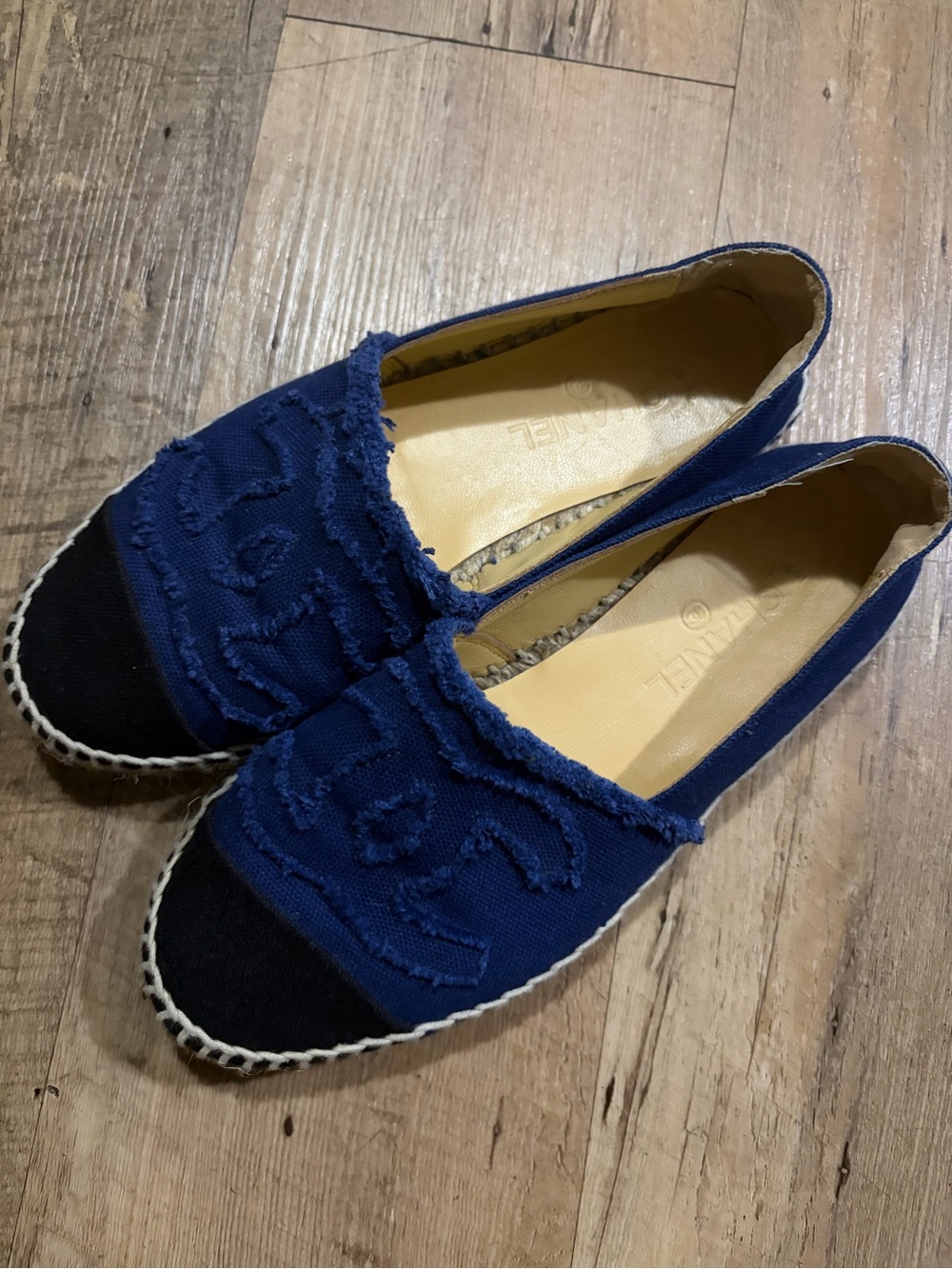 CHANEL Blue and Black Canvas Espadrille Flats